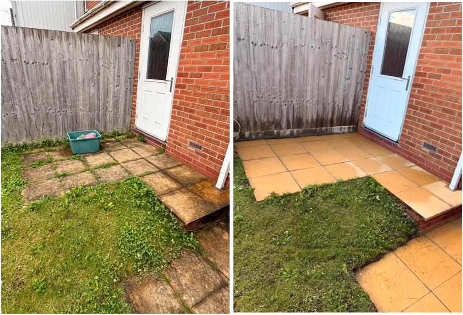 Small patio before and after a tidy and wash, dirty slabs brought back to a clean colour