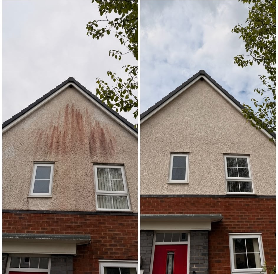 Rendered gable before and after cleaning, brown staining lifted from the cream render
