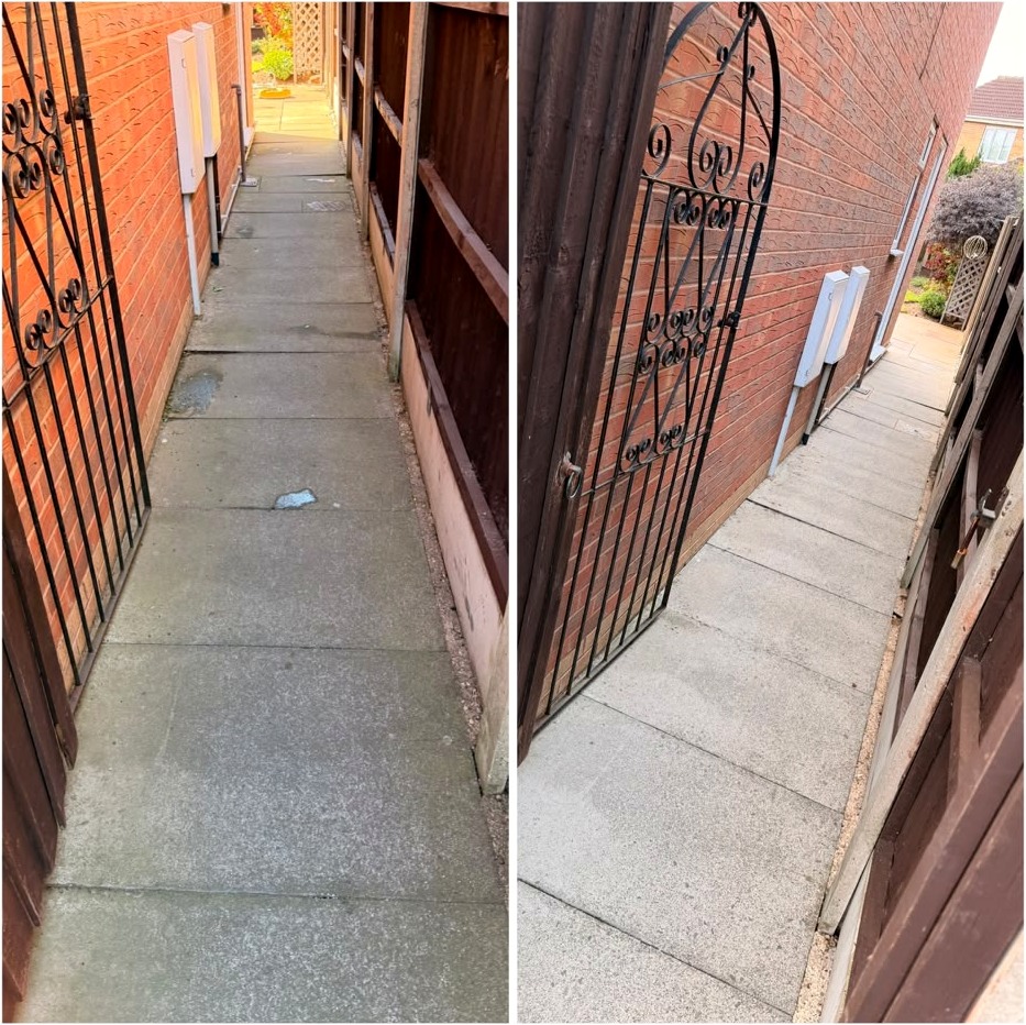 Side walkway between a house and fence before and after pressure washing