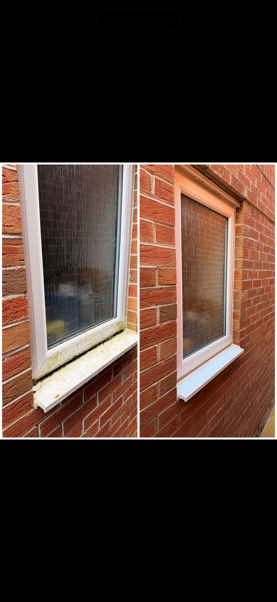 uPVC window and sill before and after cleaning, algae cleared from the frame and sill